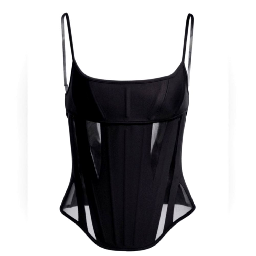NWT Mugler x HM Mesh-paneled Corset Top black, sz XS Limited Edition H&M